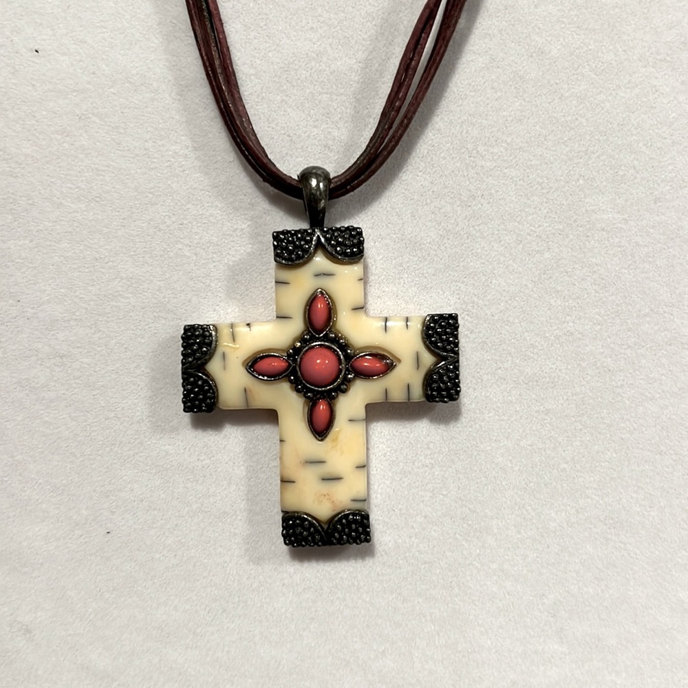 Bone cross pendant, leather strands necklace